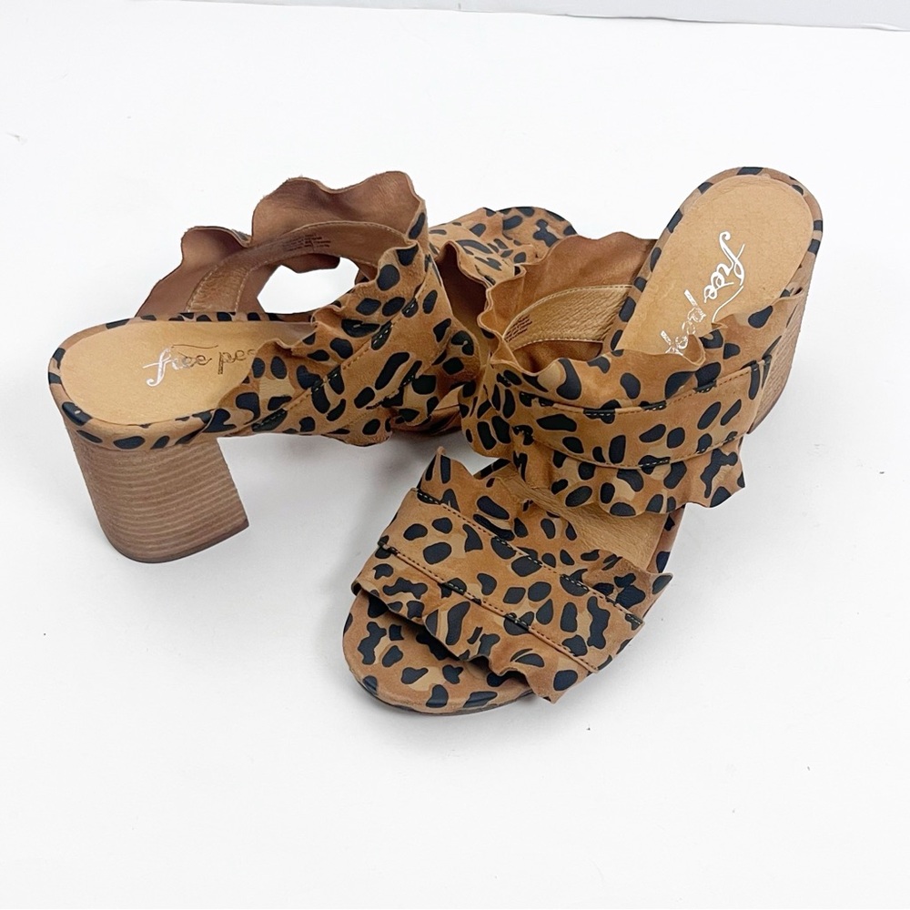 FREE PEOPLE Rosie Animal Print Ruffle Straps Slip On Heels EU 37 Boho Casual